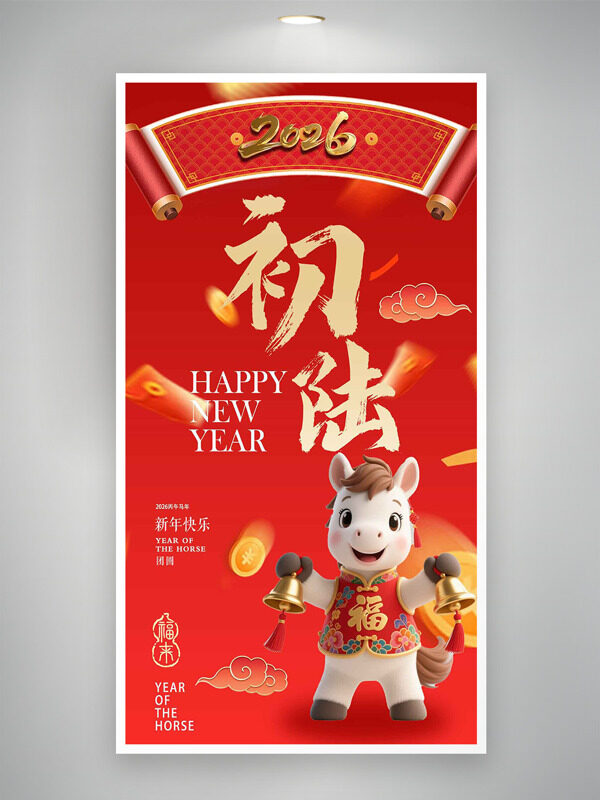 新年快乐大年初六红色喜庆卡通马年俗海报