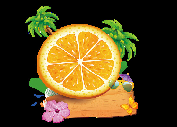 卡通过椰子树柠檬指示牌png元素