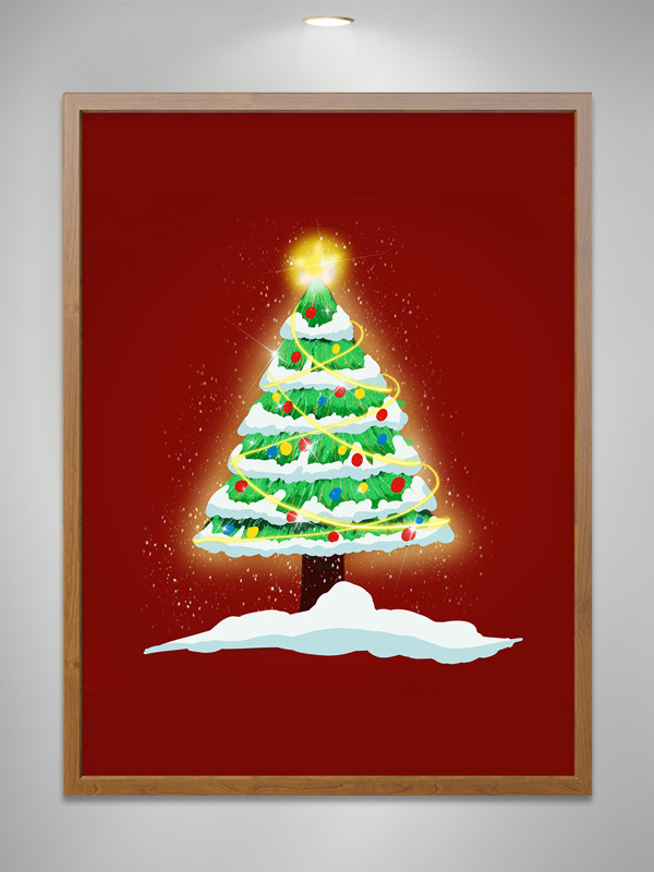 手绘雪天绿色圣诞树