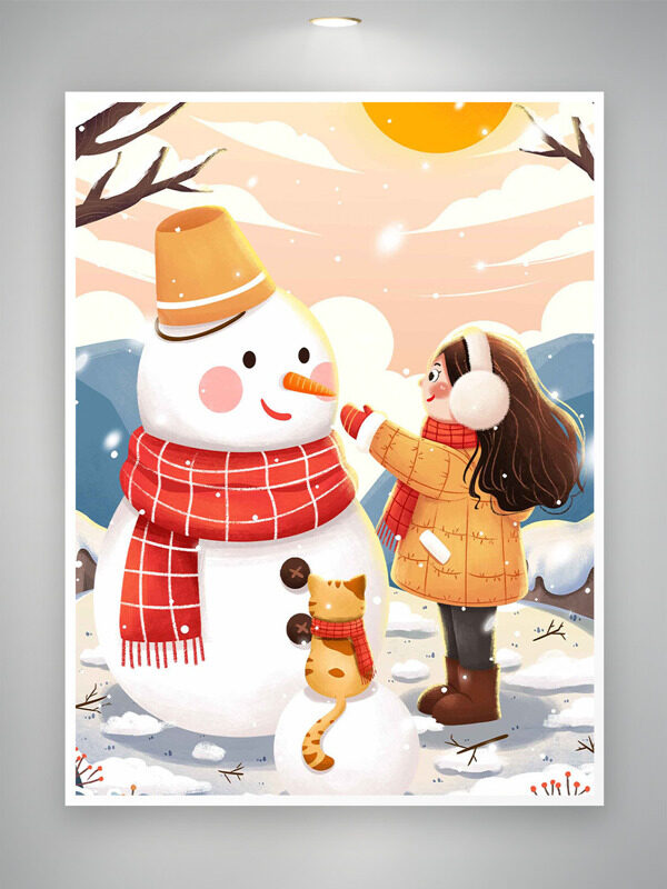 简约唯美冬日美景手绘女生小猫堆雪人插画
