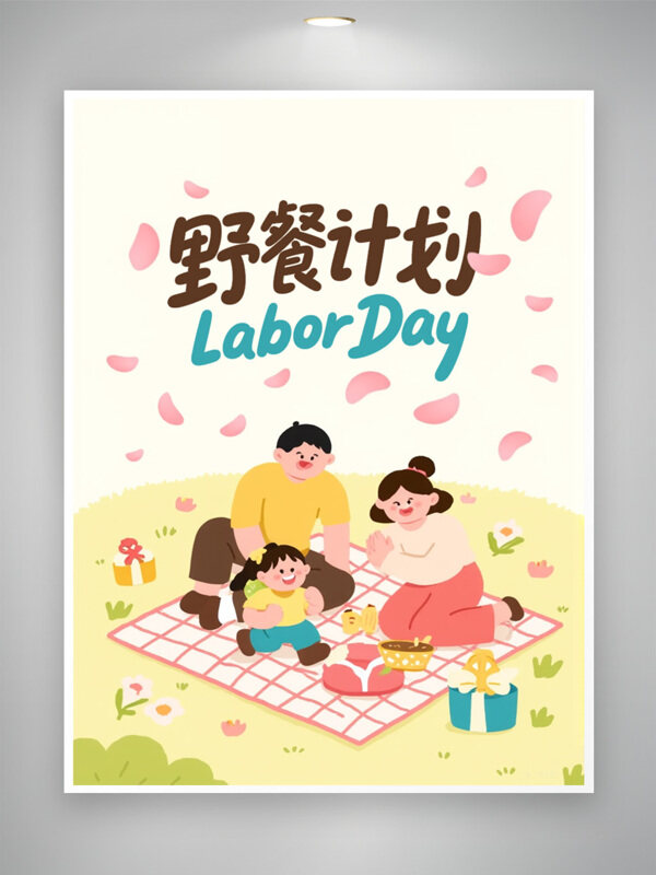 春日草地野餐计划扁平卡通风格海报