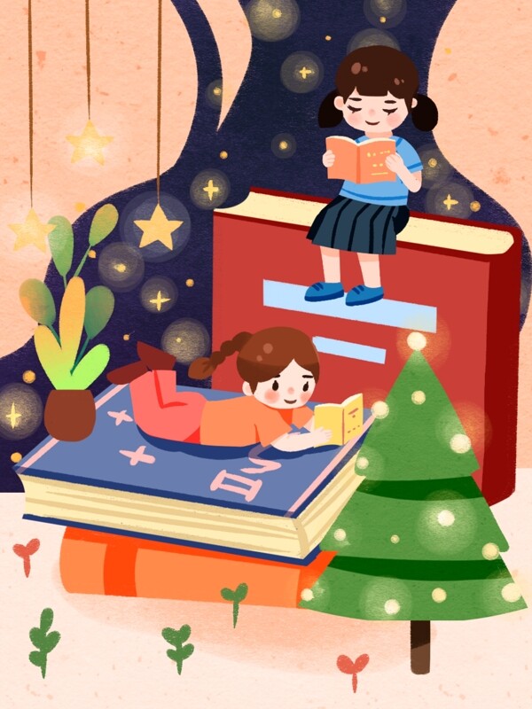 卡通可爱儿童读书场景背景
