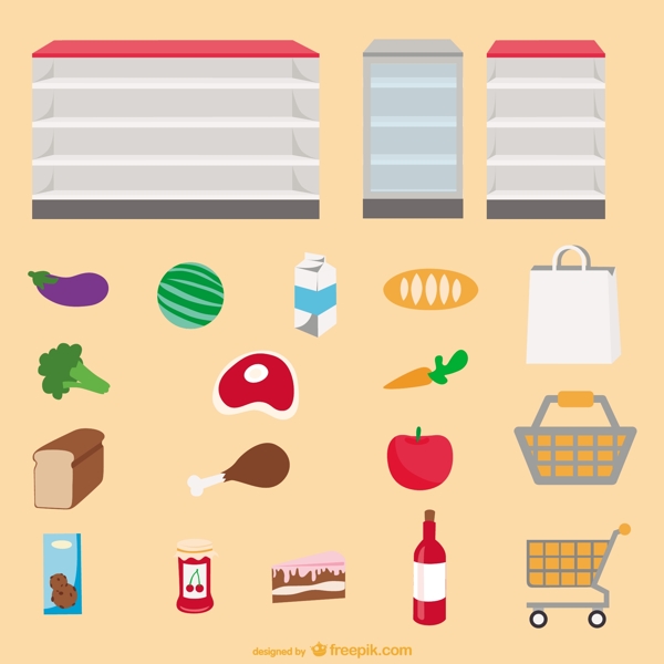 超市货架与食物设计矢量素材