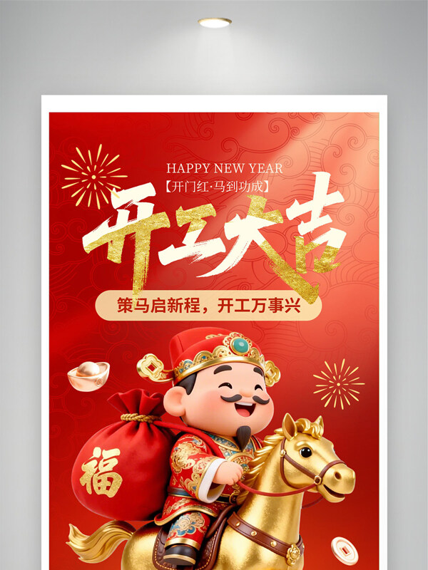 策马启新程开工万事兴财神骑马节日展板