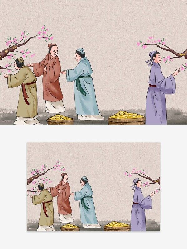 古代文人对花谈笑风生采花做美食插画