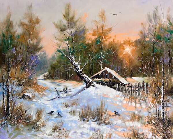 雪山树木风景油画图片