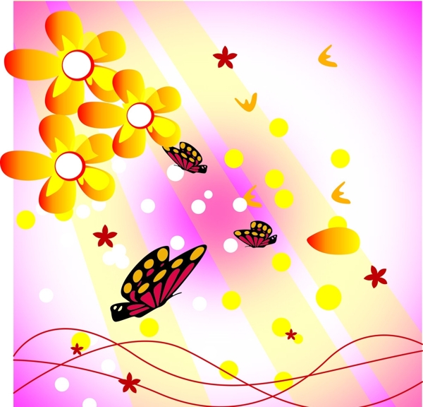 蝴蝶黄色花花线条粉红色背景图片