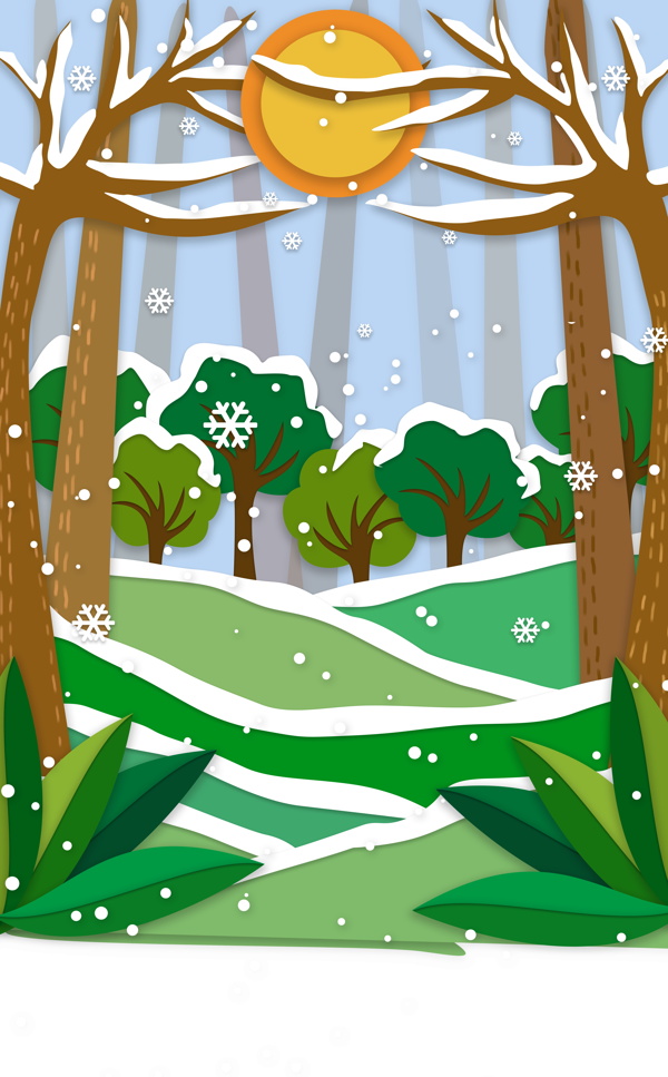 彩绘冬季树林雪花背景设计