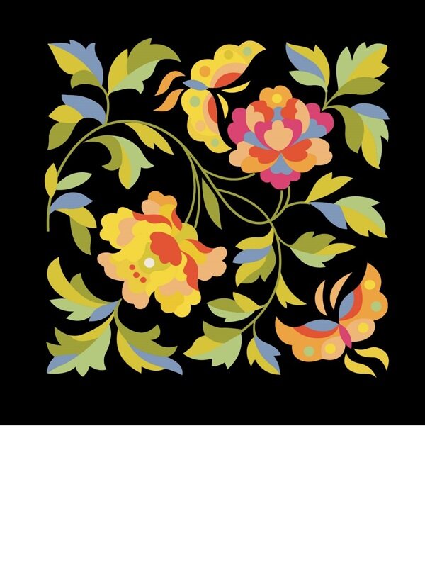  传统 欧式俄式 方形图案背景贴图 九色鲜花和蝴蝶 黄绿系列