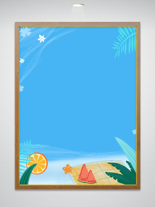 清凉一夏海边沙滩手绘插画纹理背景绿叶水果设计元素
