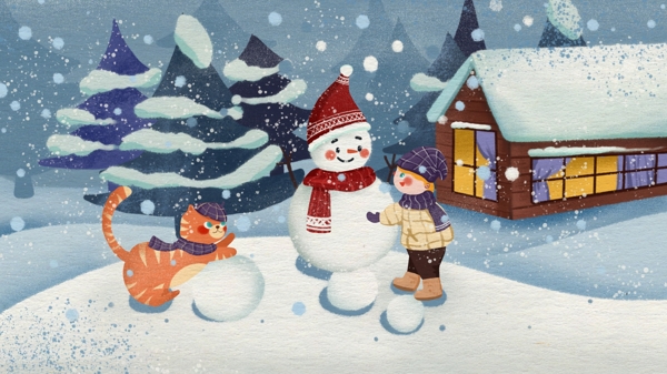 堆雪人打雪仗孩子和宠物欢乐游戏插画