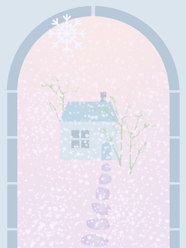 雪景冬天蓝色粉色紫色雪花房子石头路背景