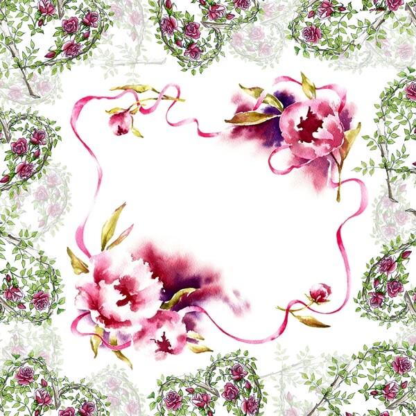 手绘水彩花卉素材花环相框模版