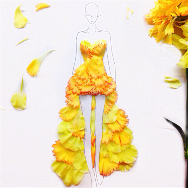 黄色花瓣灵感长裙设计图