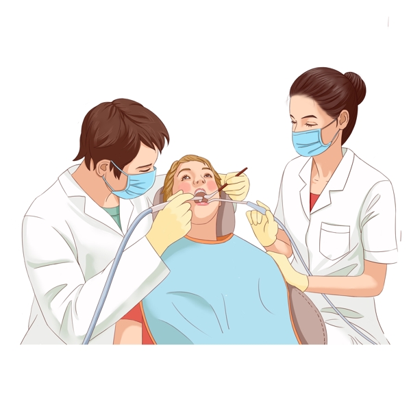 手绘卡通医生给病人检查牙齿原创元素