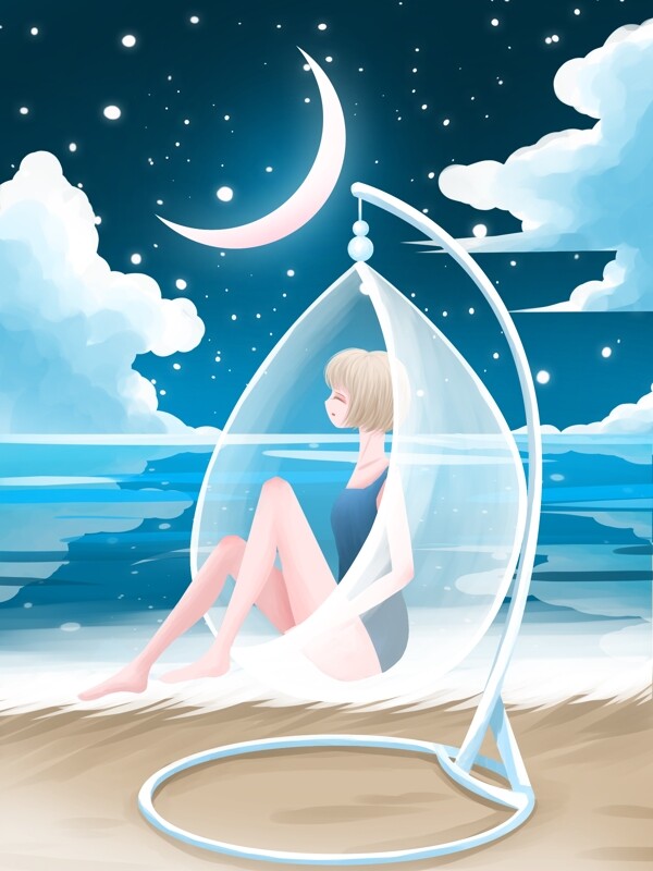晚安世界唯美治愈插画夜晚睡在海边的女孩
